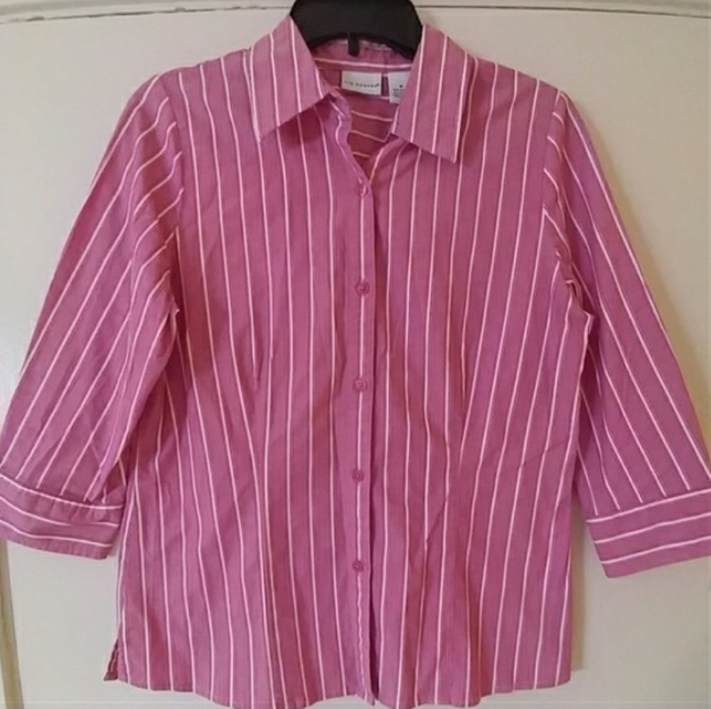 KIM ROGERS Pink/White Striped Career Top Blouse 3/4 Sleeves M